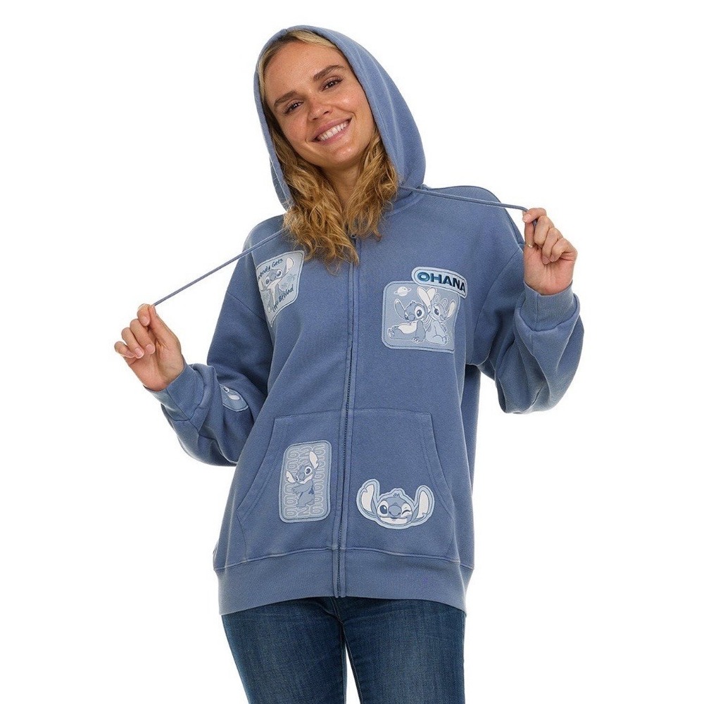 Disney Stitch Women's Blue Full Zip Character Sweatshirt Hoodie, Patches Large